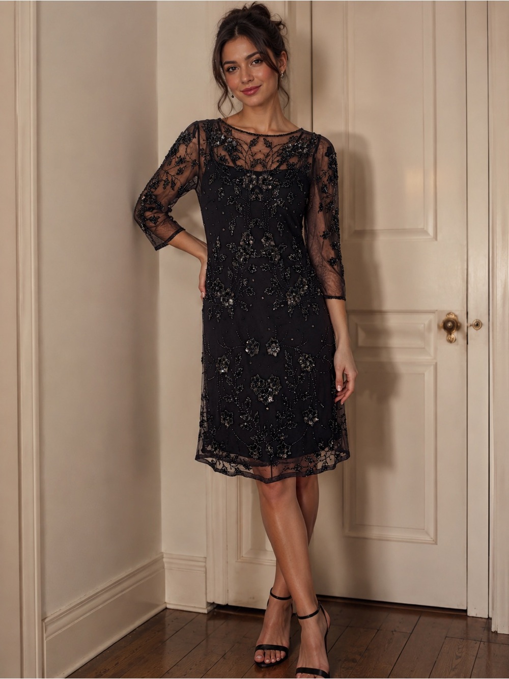 Parta Beaded Sequin Mesh Cocktail Dress Black
Size 8 3/4 Sleeve New without tags
